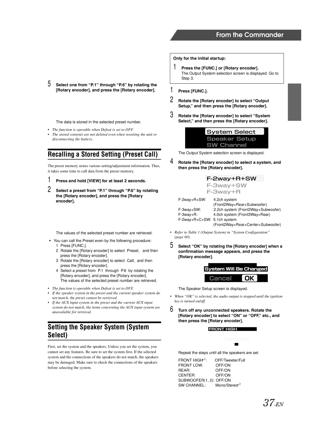 Alpine PXA-H800 owner manual Setting the Speaker System System Select, 37-EN 