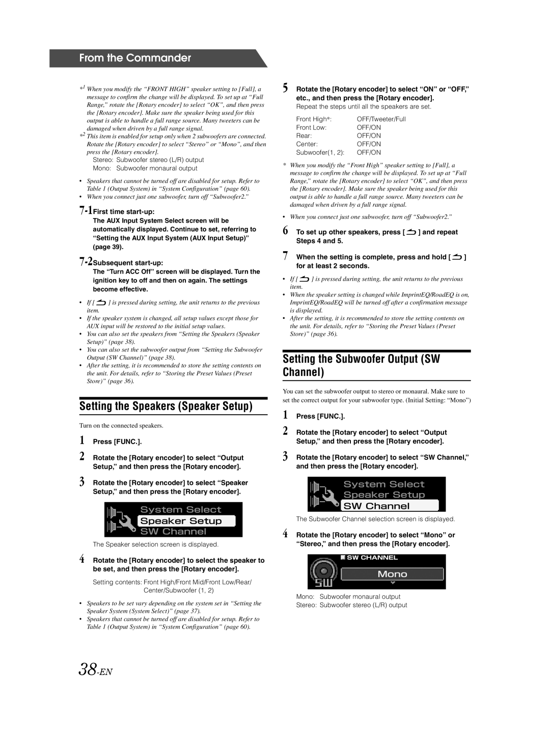 Alpine PXA-H800 owner manual Setting the Speakers Speaker Setup, Setting the Subwoofer Output SW Channel, 38-EN, Off/On 