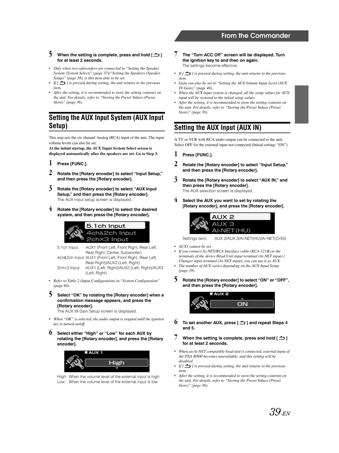 Alpine PXA-H800 owner manual Setting the AUX Input System AUX Input Setup, Setting the AUX Input AUX, 39-EN 