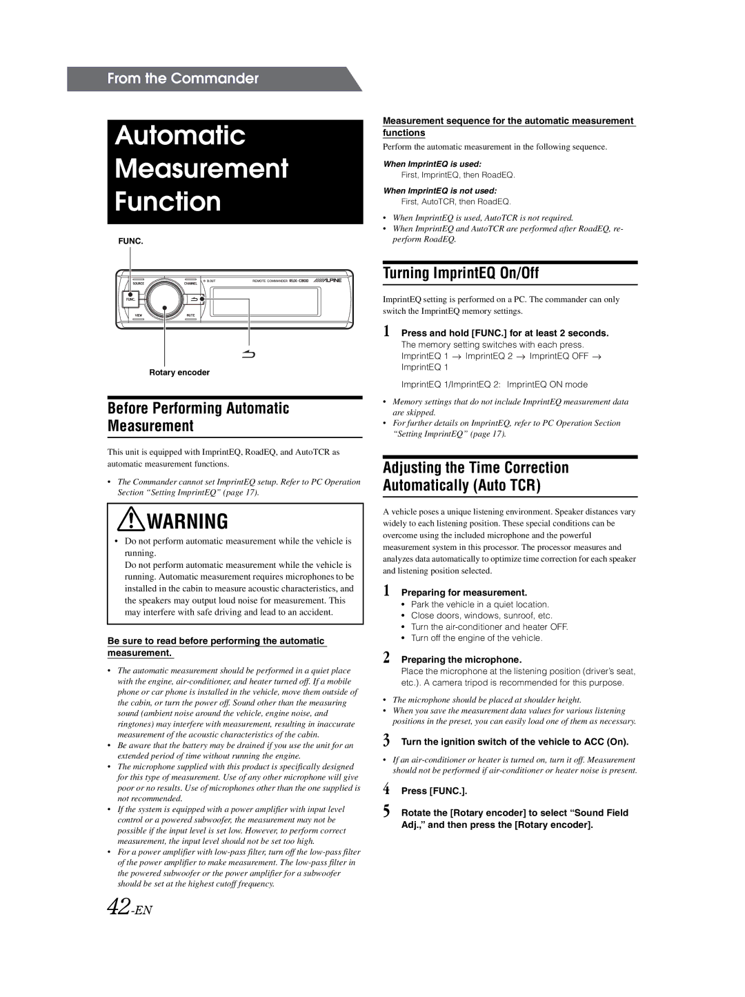 Alpine PXA-H800 owner manual Turning ImprintEQ On/Off, 42-EN, Be sure to read before performing the automatic measurement 