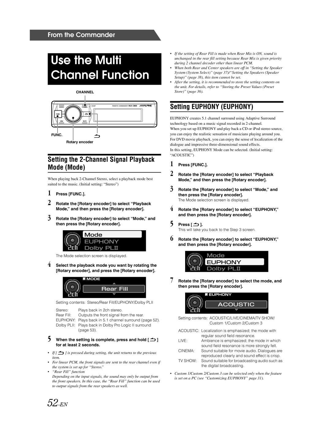 Alpine PXA-H800 owner manual Setting the 2-Channel Signal Playback Mode Mode, Setting Euphony Euphony, 52-EN 