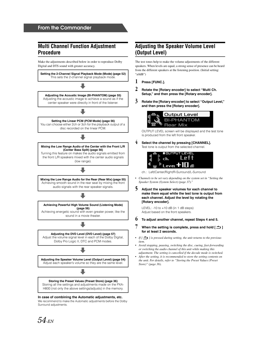 Alpine PXA-H800 owner manual Adjusting the Speaker Volume Level Output Level, 54-EN, Select the channel by pressing Channel 