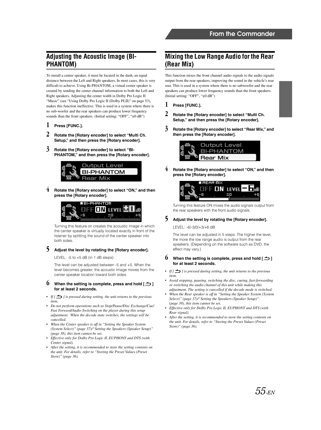 Alpine PXA-H800 owner manual Adjusting the Acoustic Image BI, Mixing the Low Range Audio for the Rear Rear Mix, 55-EN 