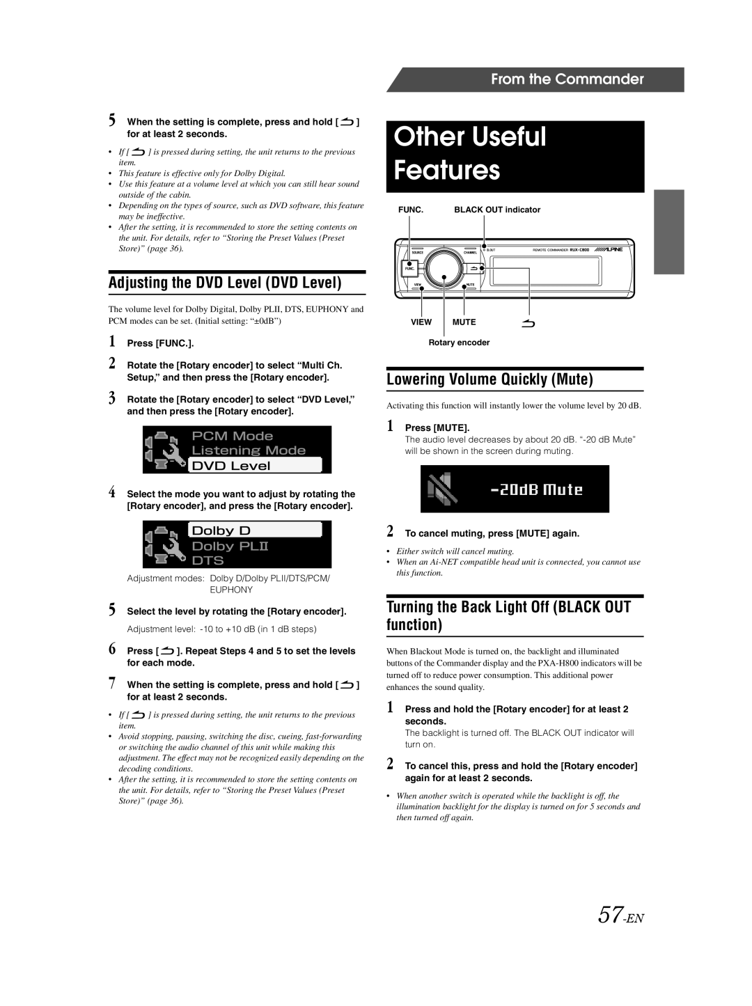 Alpine PXA-H800 owner manual Adjusting the DVD Level DVD Level, Lowering Volume Quickly Mute, 57-EN 