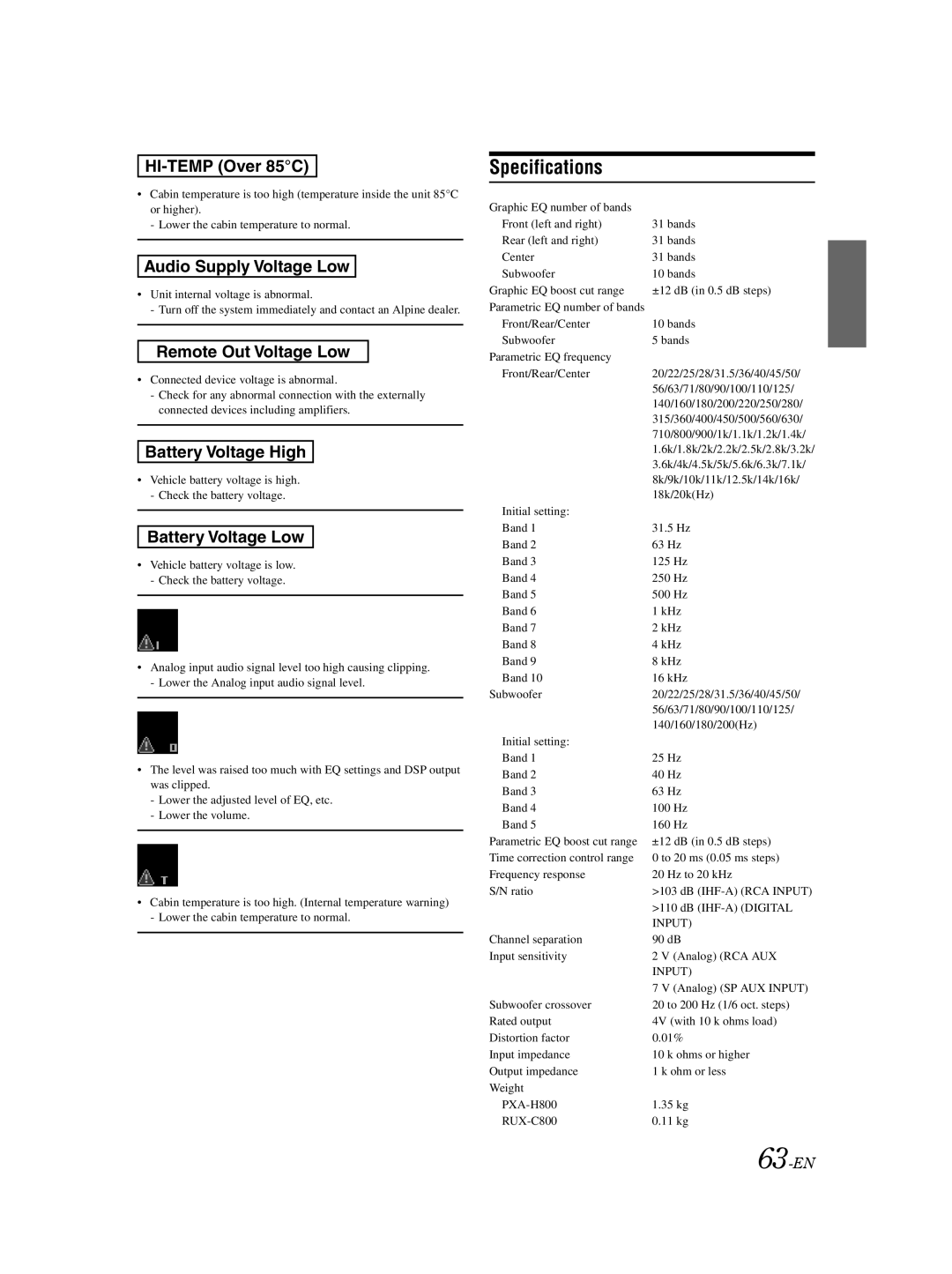 Alpine PXA-H800 owner manual Specifications, 63-EN 