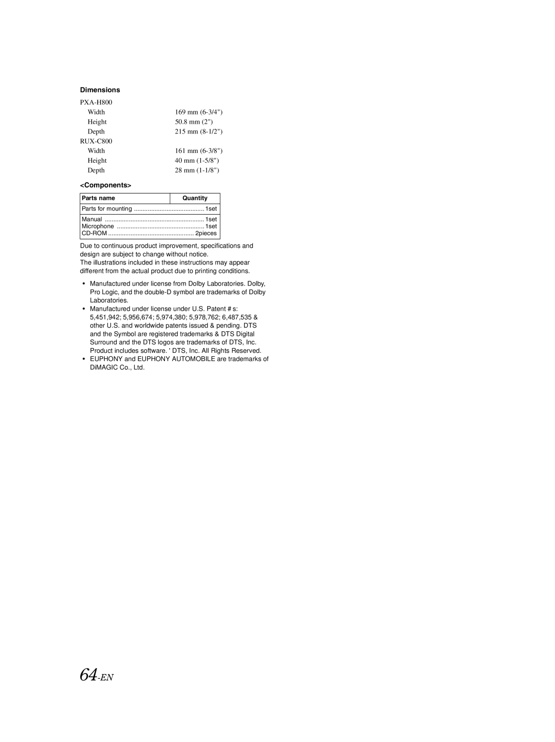 Alpine PXA-H800 owner manual 64-EN, Dimensions, Components 