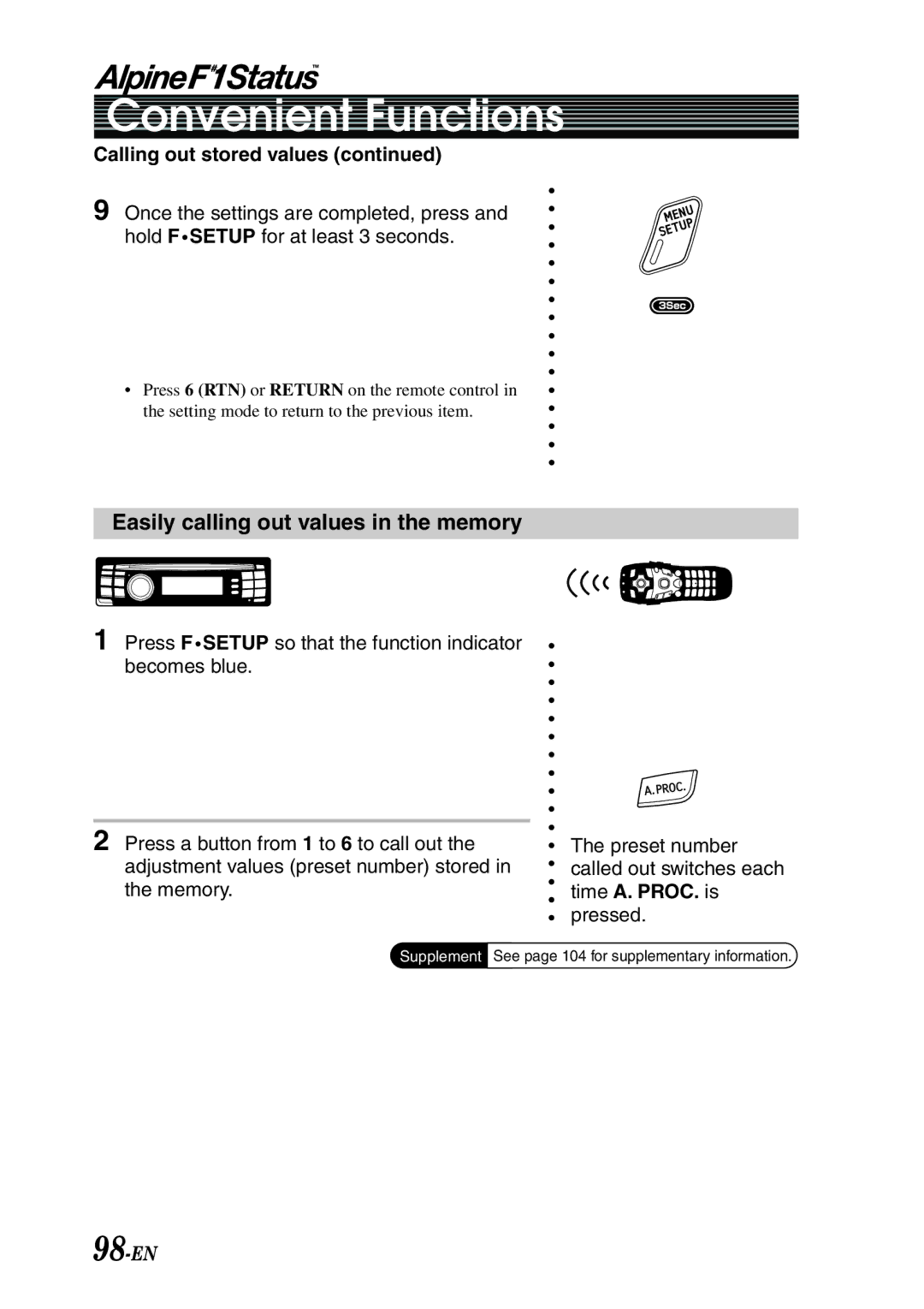 Alpine PXI-H990 owner manual 98-EN, Easily calling out values in the memory, Calling out stored values 