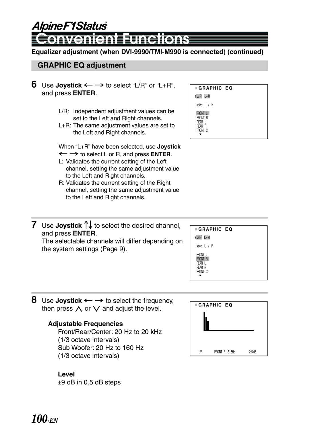 Alpine PXI-H990 owner manual 100-EN, Graphic EQ adjustment, Equalizer adjustment when DVI-9990/TMI-M990 is connected, Level 