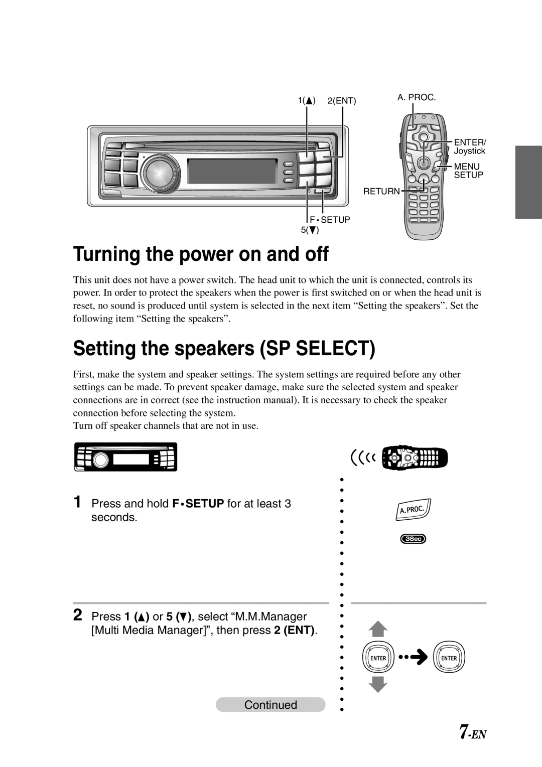 Alpine PXI-H990 owner manual Turning the power on and off, Setting the speakers SP Select 