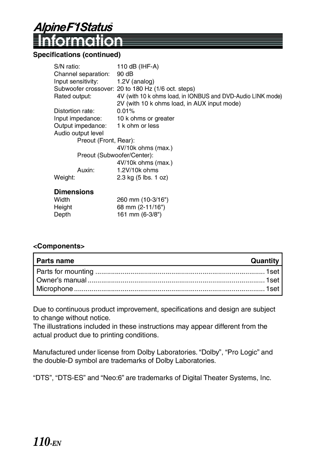 Alpine PXI-H990 owner manual 110-EN, Specifications, Dimensions, Components Parts name Quantity 