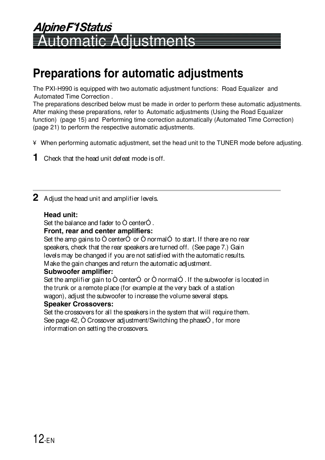 Alpine PXI-H990 owner manual Preparations for automatic adjustments, 12-EN 