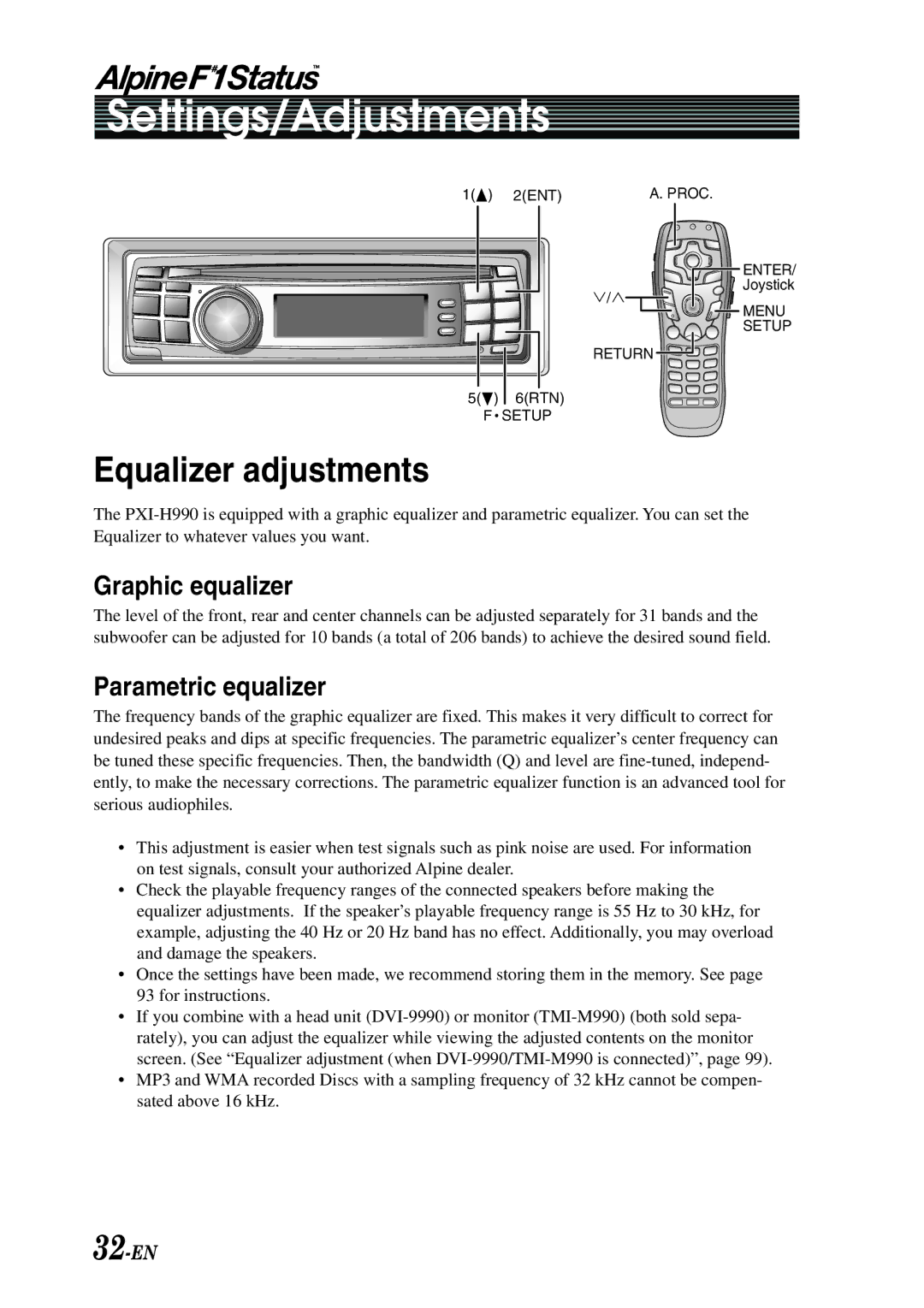 Alpine PXI-H990 owner manual Equalizer adjustments, 32-EN 