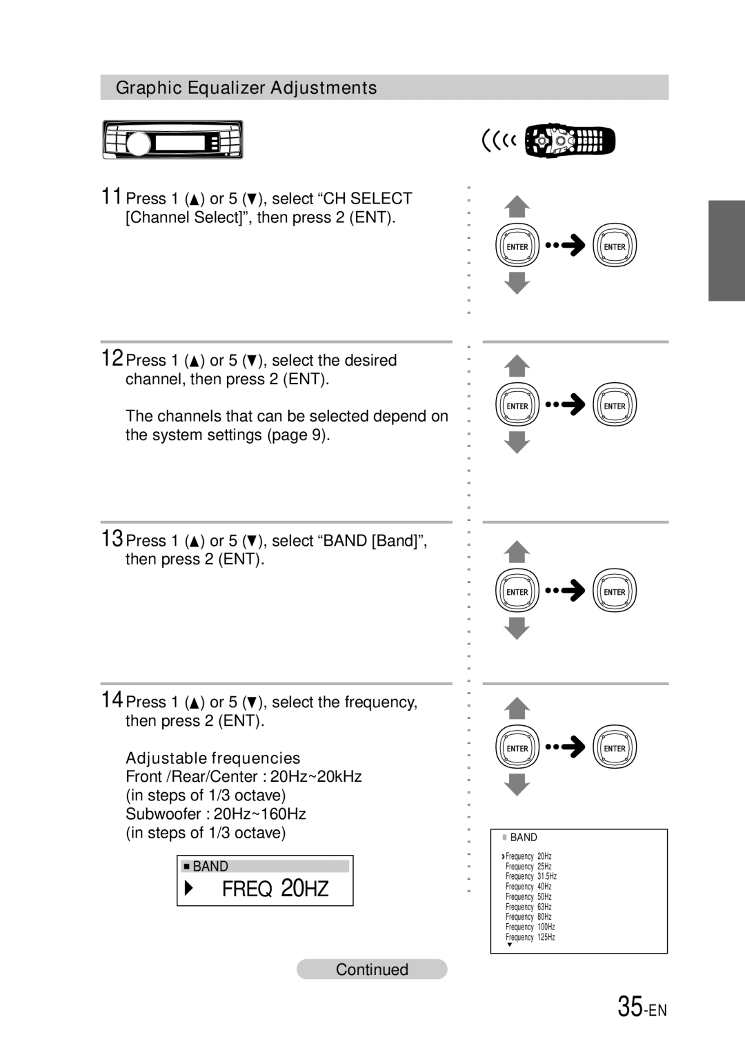 Alpine PXI-H990 owner manual 35-EN, Freq 20HZ, Graphic Equalizer Adjustments, Adjustable frequencies 