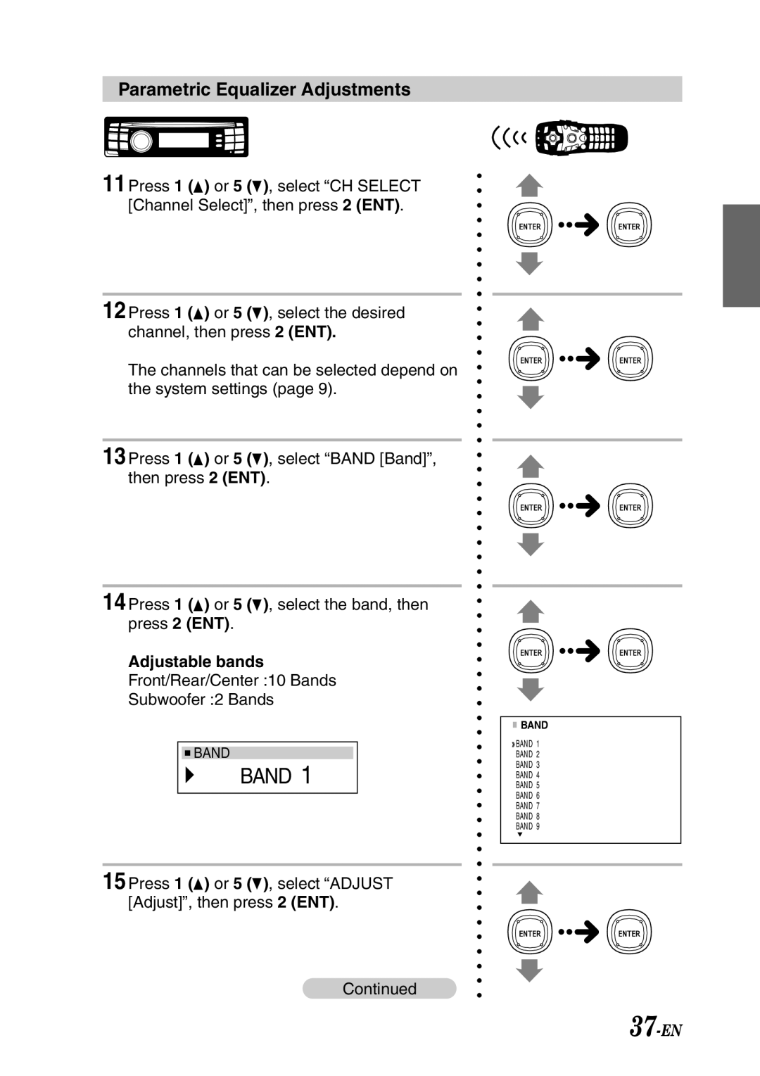 Alpine PXI-H990 owner manual 37-EN, Band, Parametric Equalizer Adjustments, Adjustable bands 