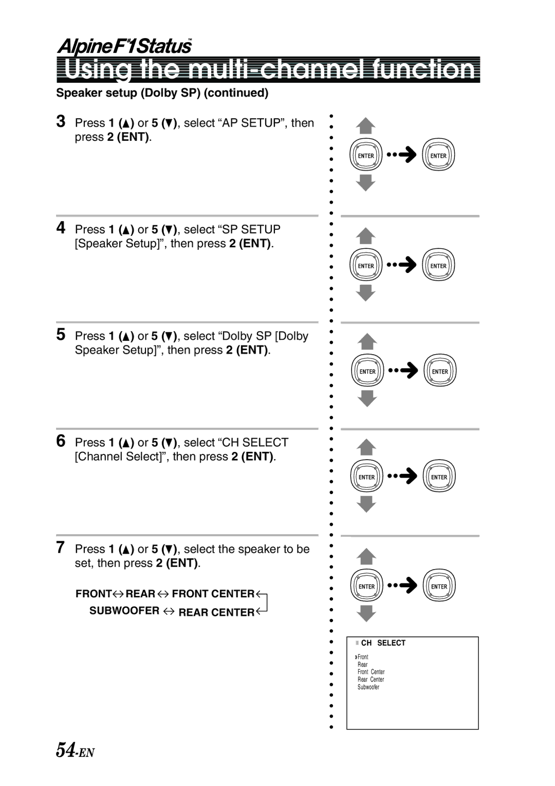 Alpine PXI-H990 owner manual 54-EN, Speaker setup Dolby SP, Press, Set, then press 2 ENT 