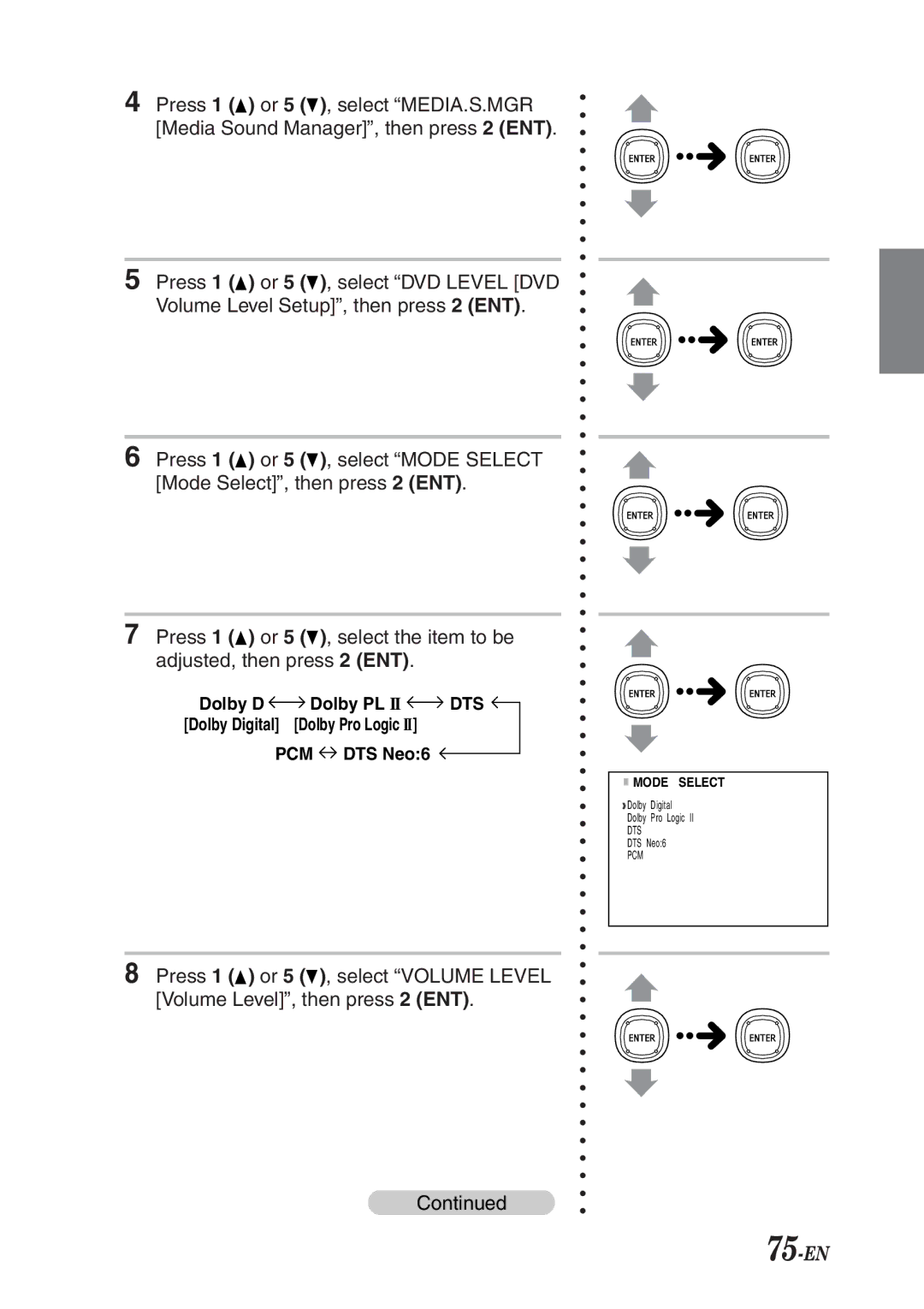 Alpine PXI-H990 owner manual 75-EN, Press 1 or, Adjusted, then press 2 ENT 