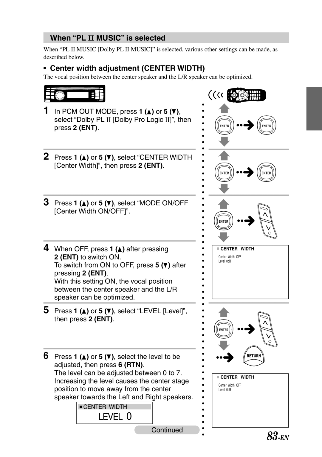 Alpine PXI-H990 owner manual 83-EN, Level, When PL II Music is selected, Center width adjustment Center Width 