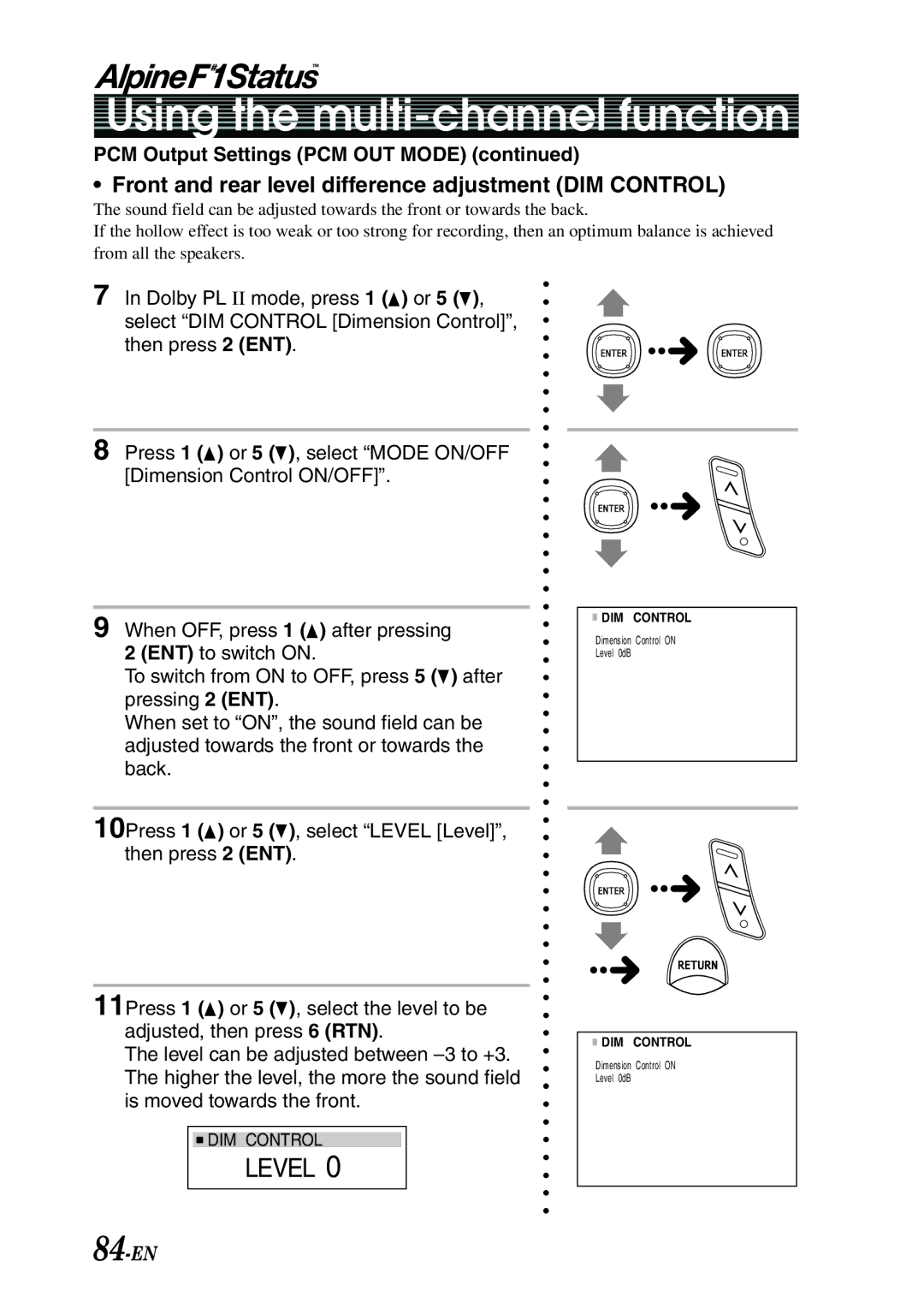 Alpine PXI-H990 owner manual 84-EN, Front and rear level difference adjustment DIM Control 