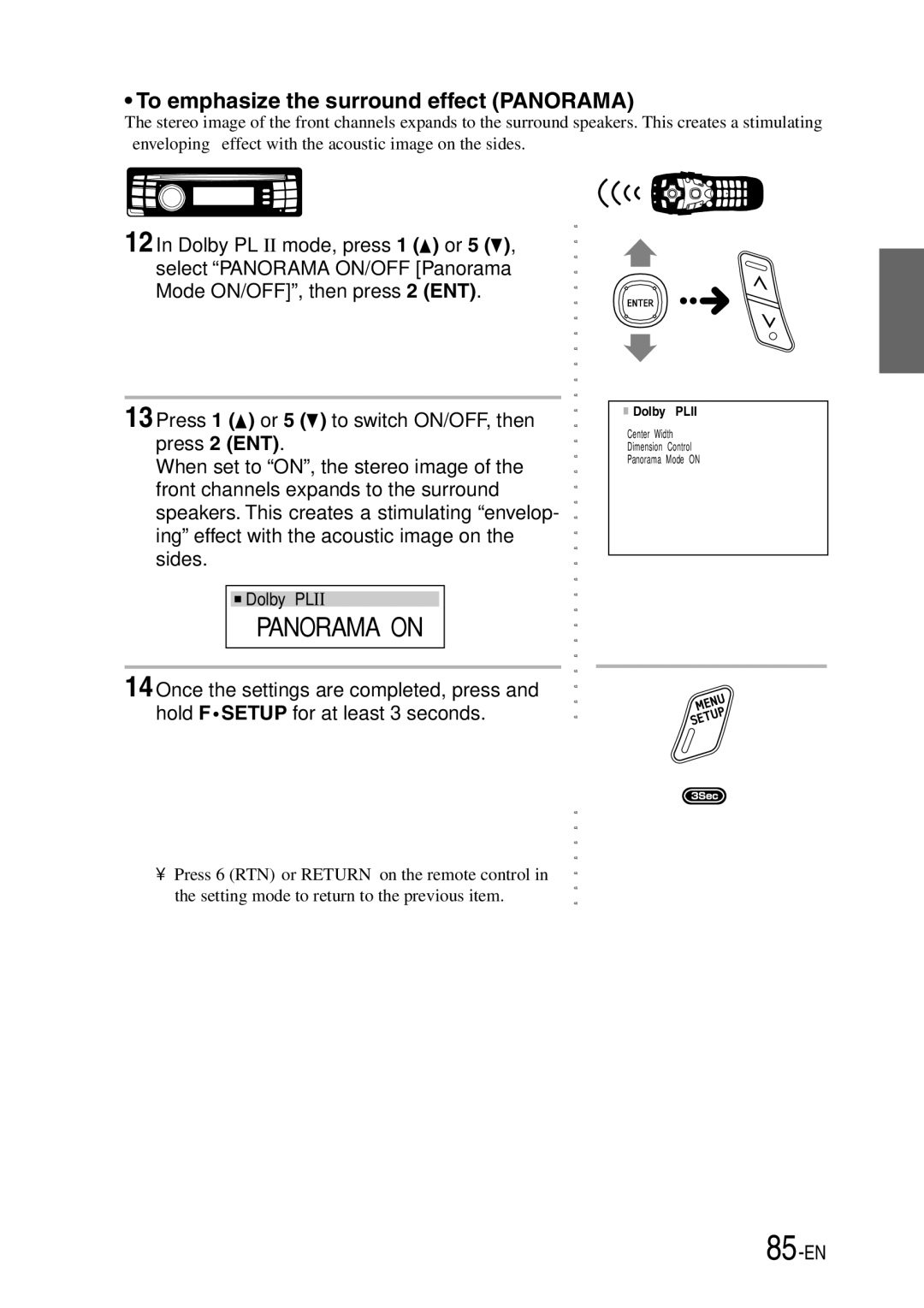 Alpine PXI-H990 owner manual 85-EN, Panorama on, To emphasize the surround effect Panorama 