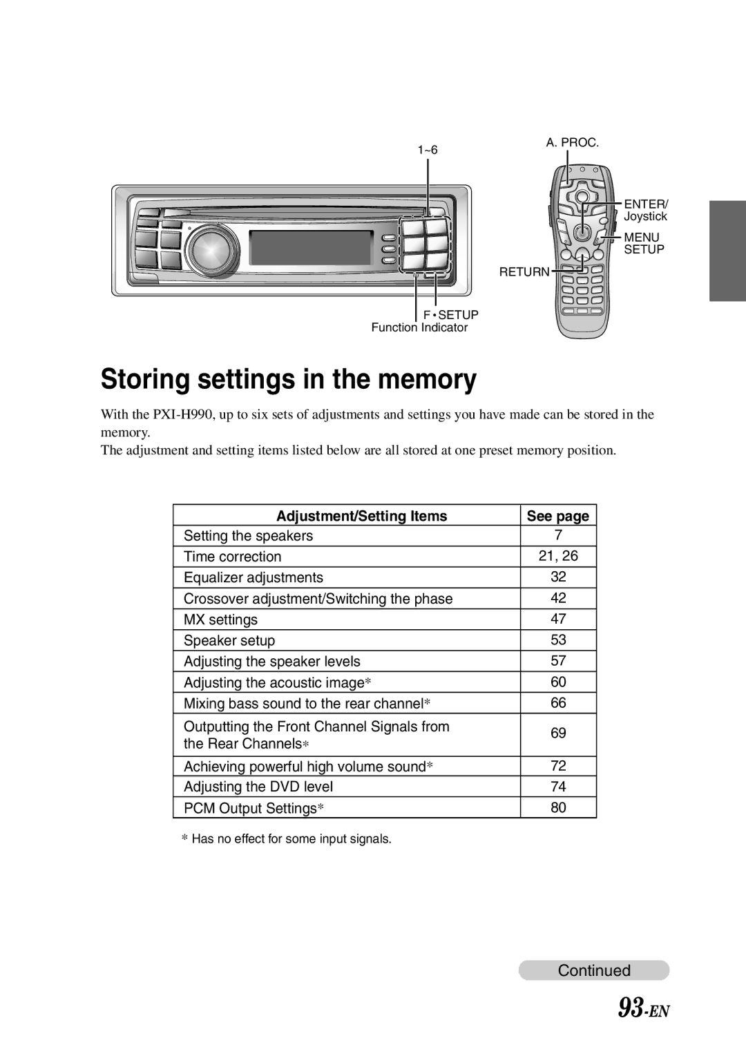 Alpine PXI-H990 owner manual Storing settings in the memory, 93-EN 