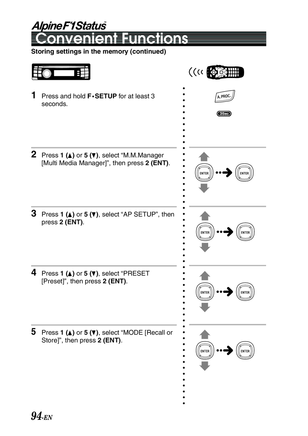 Alpine PXI-H990 owner manual 94-EN, Storing settings in the memory 