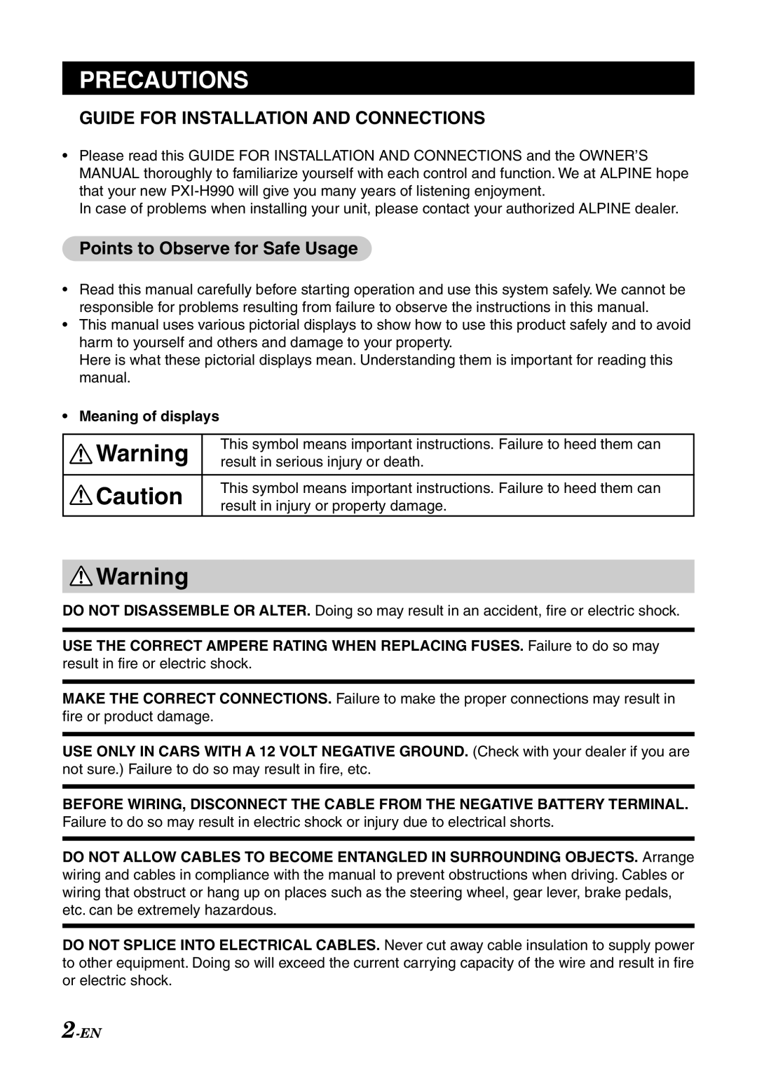 Alpine PXI-H990 manual Points to Observe for Safe Usage, Meaning of displays 