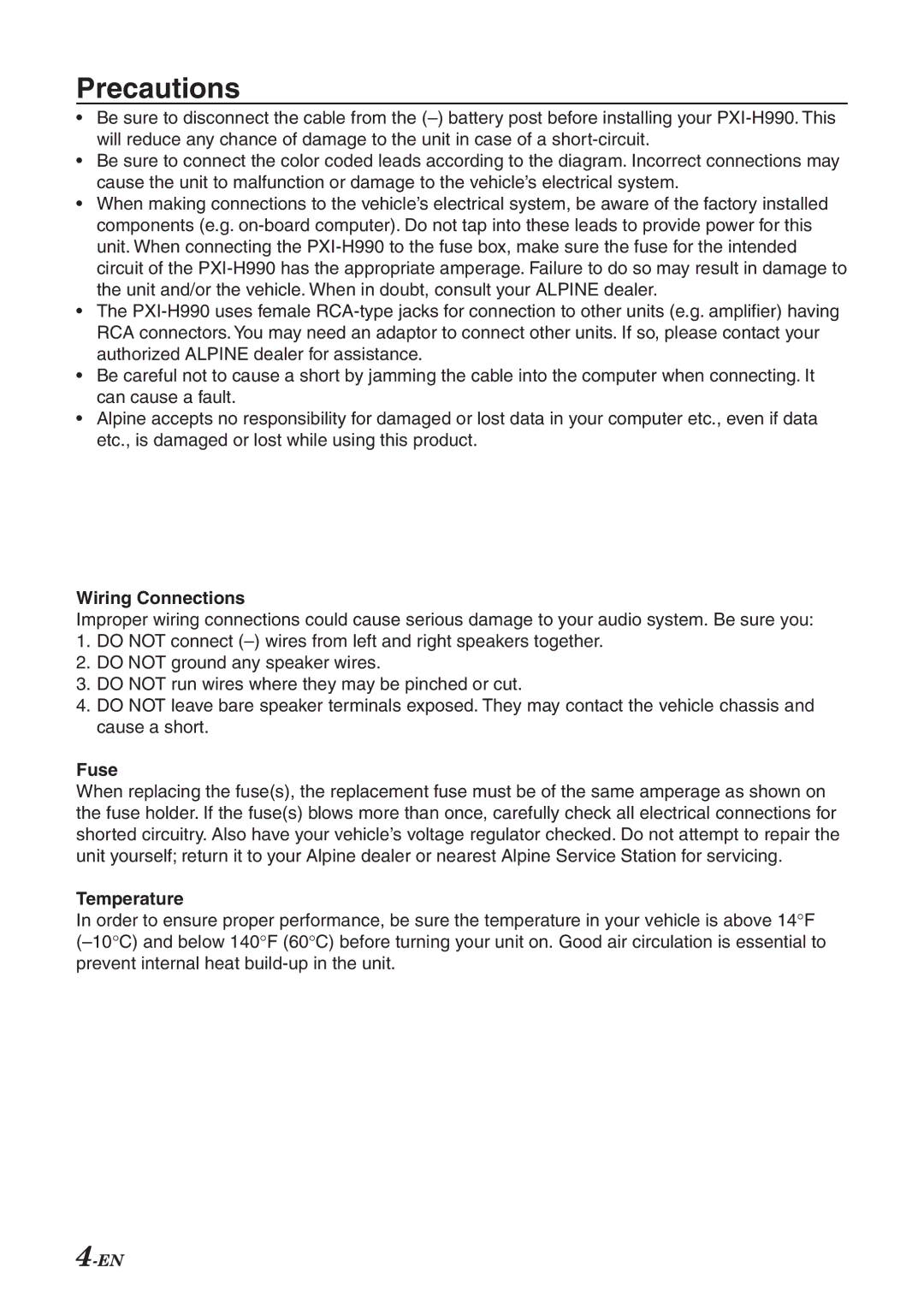 Alpine PXI-H990 manual Wiring Connections, Fuse, Temperature 