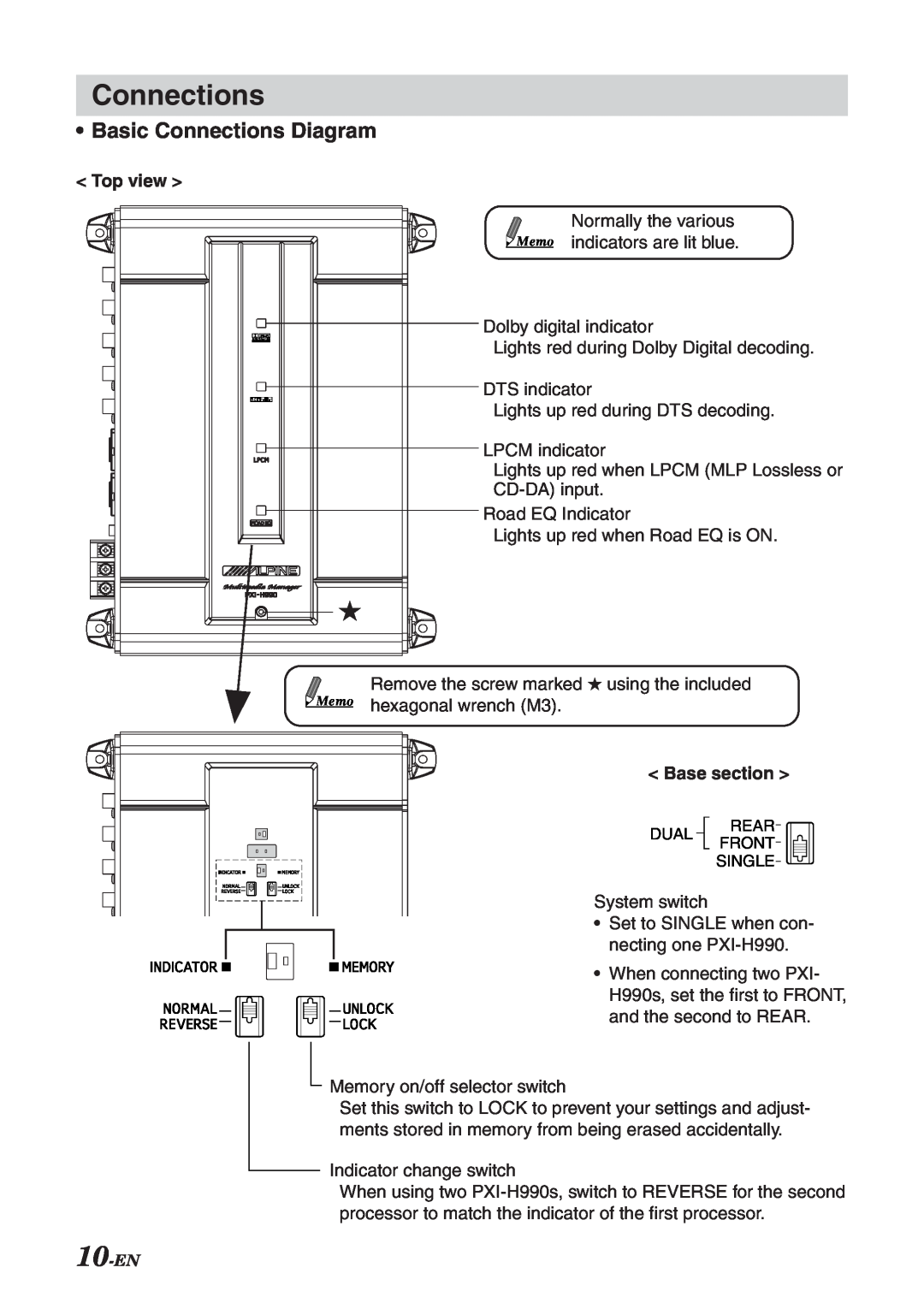 Alpine PXI-H990 manual Basic Connections Diagram, Top view, < Base section > 
