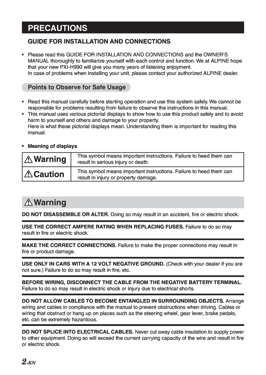 Alpine PXI-H990 manual Precautions, Guide For Installation And Connections, Points to Observe for Safe Usage 
