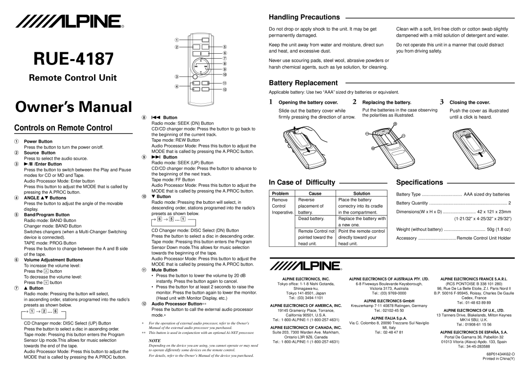 Alpine RUE-4187 specifications Handling Precautions, Battery Replacement, Case of Difficulty 