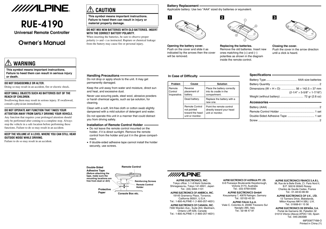 Alpine RUE-4190 owner manual Battery Replacement, Handling Precautions, Installation of Remote Control Holder, Accessories 