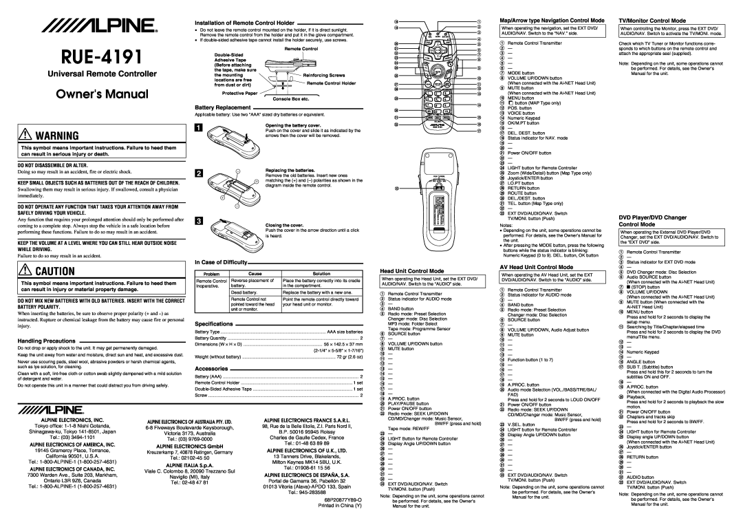 Alpine RUE-4191 owner manual Universal Remote Controller 