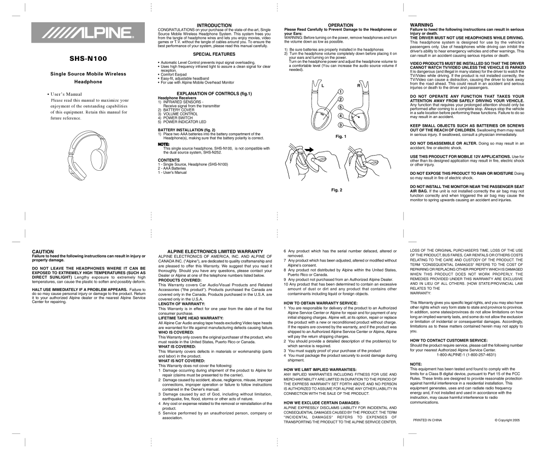 Alpine SHS-N100 warranty Special Features, Alpine Electronics Limited Warranty, Operation 