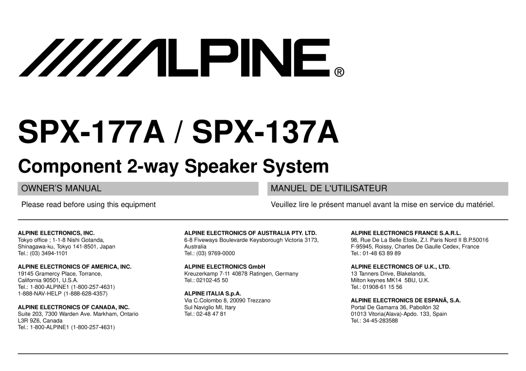 Alpine owner manual SPX-177A / SPX-137A 