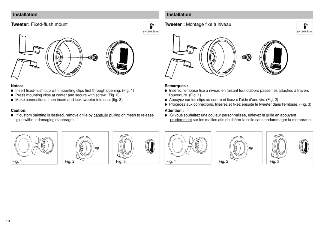 Alpine SPX-137A, SPX-177A owner manual Tweeter Fixed-flush mount, Tweeter Montage fixe à niveau 