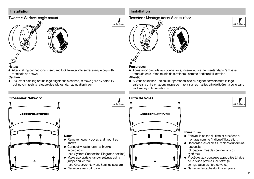 Alpine SPX-177A Tweeter Surface-angle mount, Tweeter Montage tronqué en surface, Crossover Network Filtre de voies 