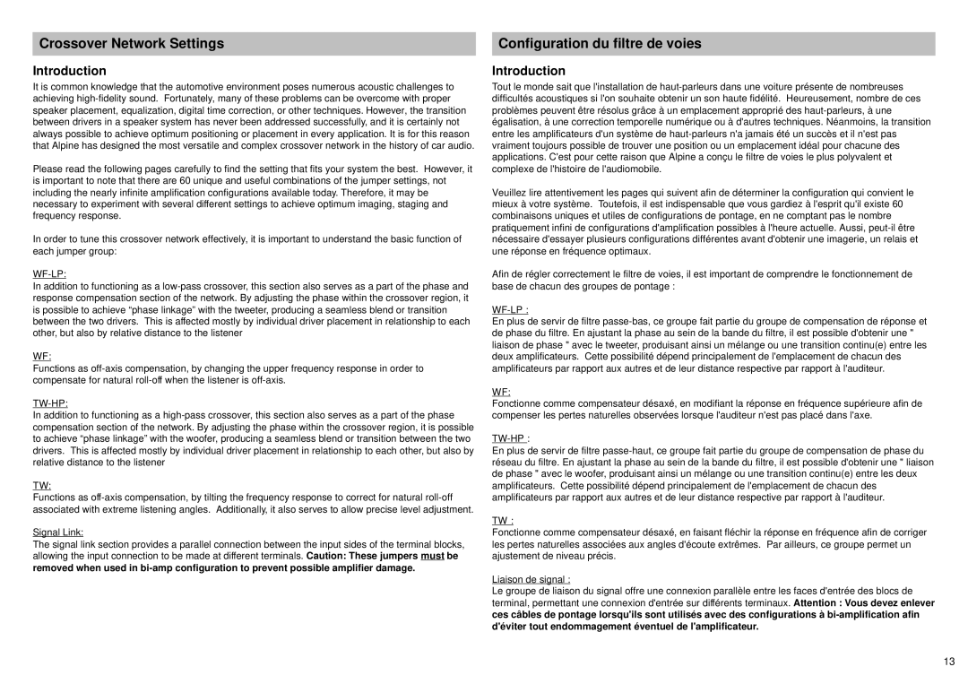 Alpine SPX-177A, SPX-137A owner manual Crossover Network Settings Configuration du filtre de voies, Introduction 