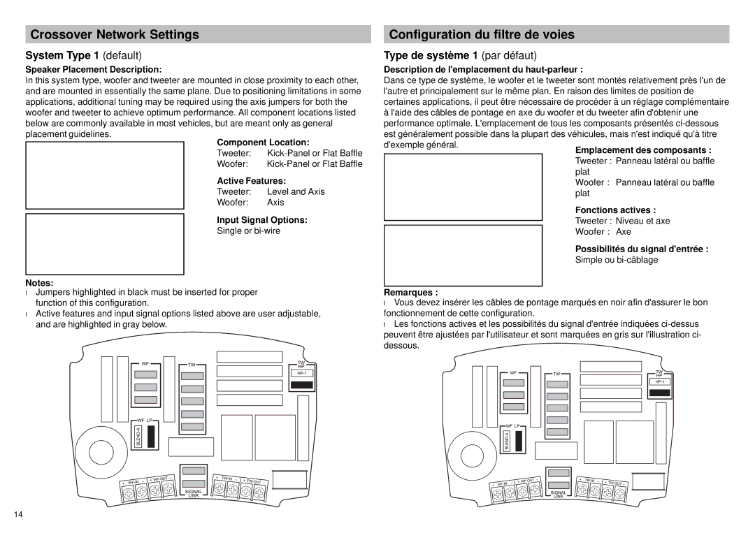 Alpine SPX-137A, SPX-177A owner manual Crossover Network Settings, Configuration du filtre de voies, System Type 1 default 