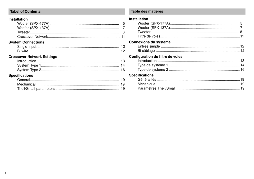 Alpine SPX-137A, SPX-177A Tabel of Contents Installation, System Connections, Crossover Network Settings, Specifications 