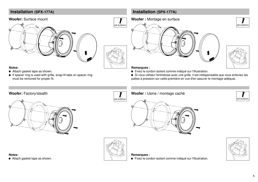 Alpine SPX-137A Installation SPX-177A, Woofer Surface mount, Woofer Montage en surface, Woofer Factory/stealth 