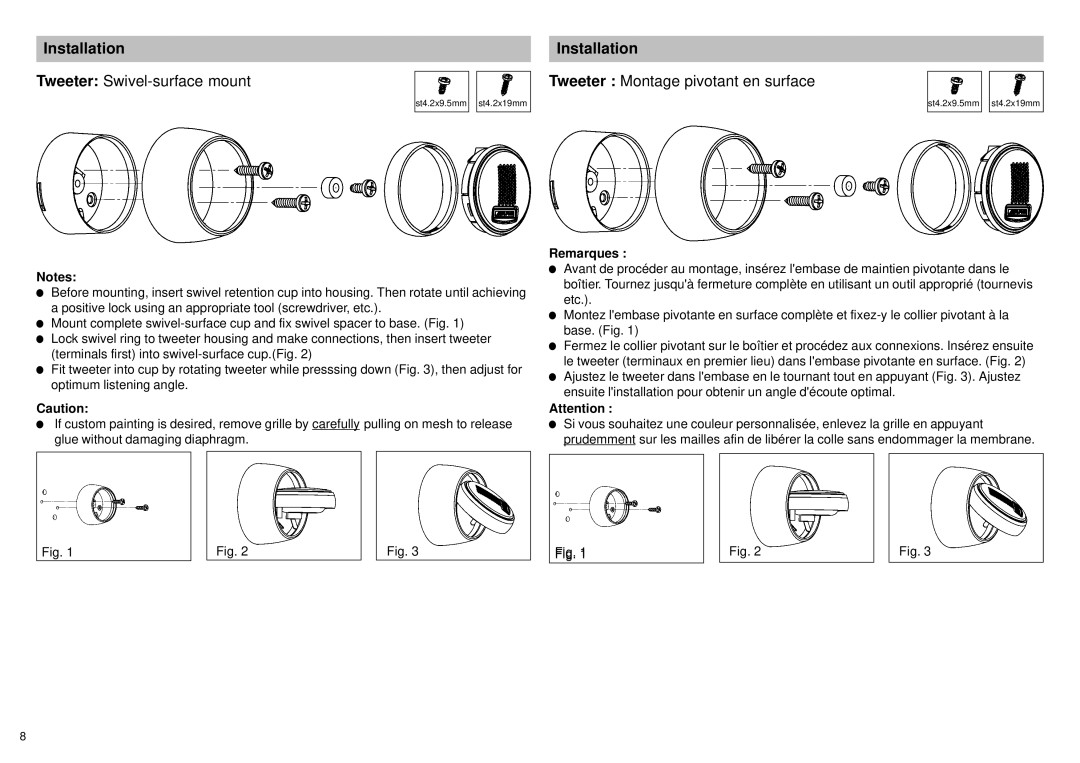 Alpine SPX-137A, SPX-177A owner manual Tweeter Swivel-surface mount, Tweeter Montage pivotant en surface 