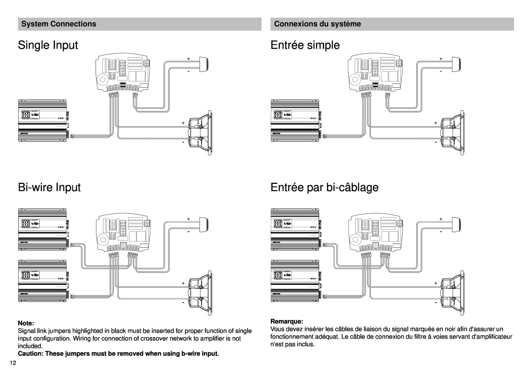 Alpine SPX-137A, SPX-177A owner manual Single Input Bi-wireInput, Entrée simple Entrée par bi-câblage, Remarque 
