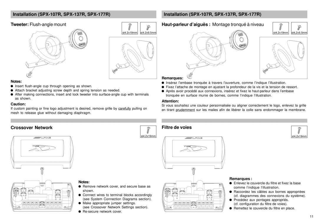 Alpine SPX-17MB, SPX-177R, SPX-137R Haut-parleur d’aiguës Montage tronqué à niveau, Crossover Network, Filtre de voies 