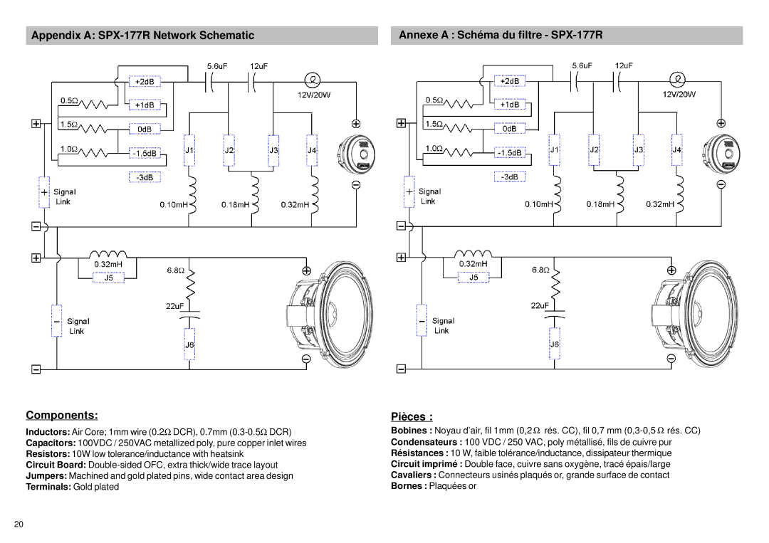 Alpine SPX-137R, SPX-107R Appendix a SPX-177R Network Schematic Components, Annexe a Schéma du filtre SPX-177R Pièces 