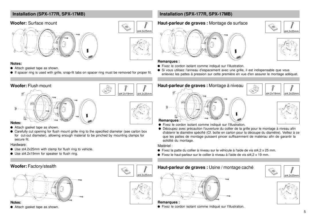 Alpine SPX-137R, SPX-107R owner manual Installation SPX-177R, SPX-17MB, Haut-parleur de graves Montage à niveau 