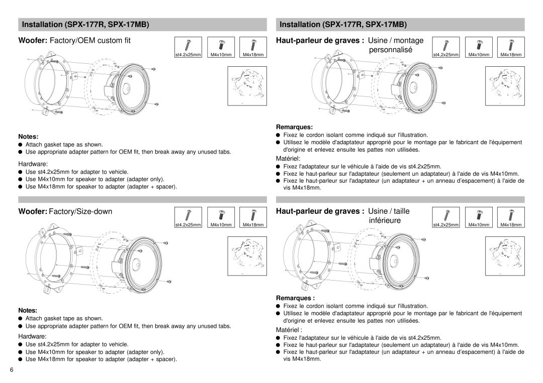 Alpine SPX-107R, SPX-177R, SPX-137R, SPX-17MB owner manual Woofer Factory/Size-down 