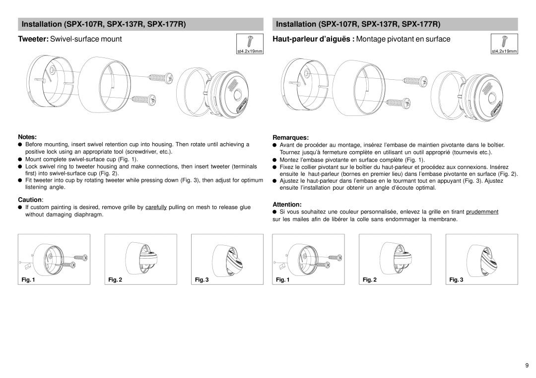 Alpine SPX-17MB owner manual Installation SPX-107R, SPX-137R, SPX-177R, Tweeter Swivel-surface mount 