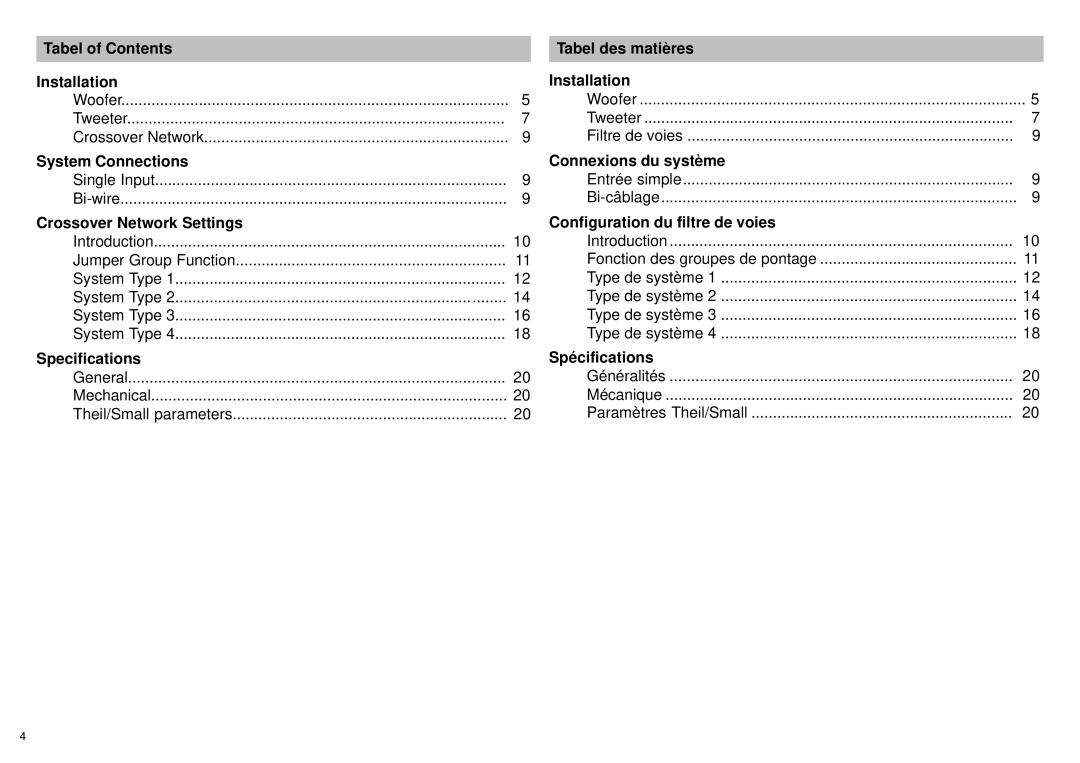 Alpine SPX-F17M owner manual Tabel of Contents Installation, System Connections, Crossover Network Settings, Specifications 