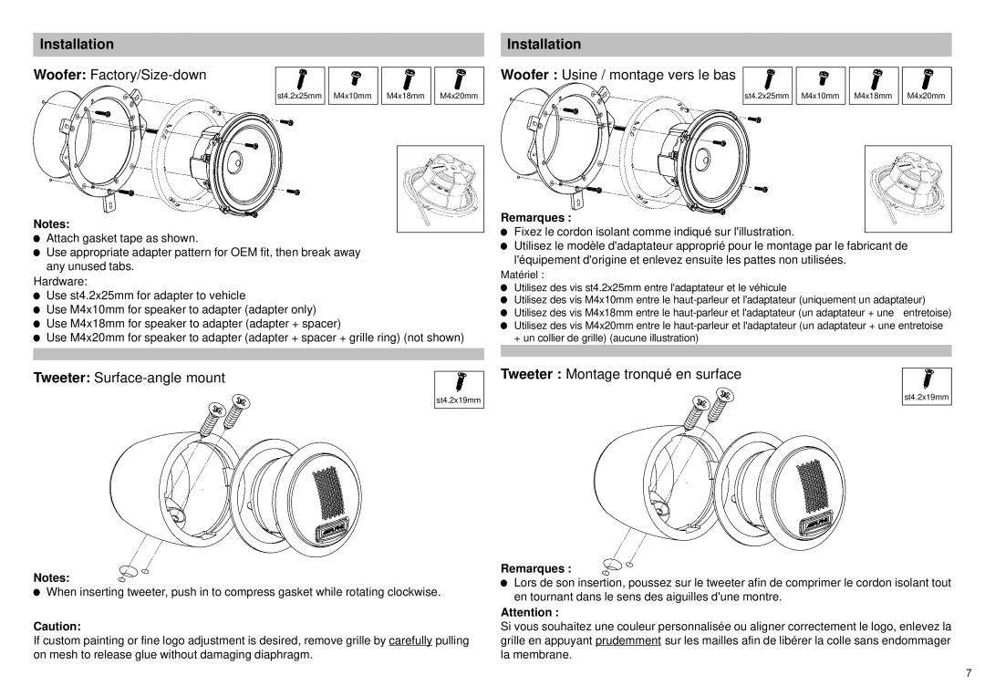 Alpine SPX-F17M owner manual Woofer Factory/Size-down, Woofer Usine / montage vers le bas, Tweeter Surface-angle mount 