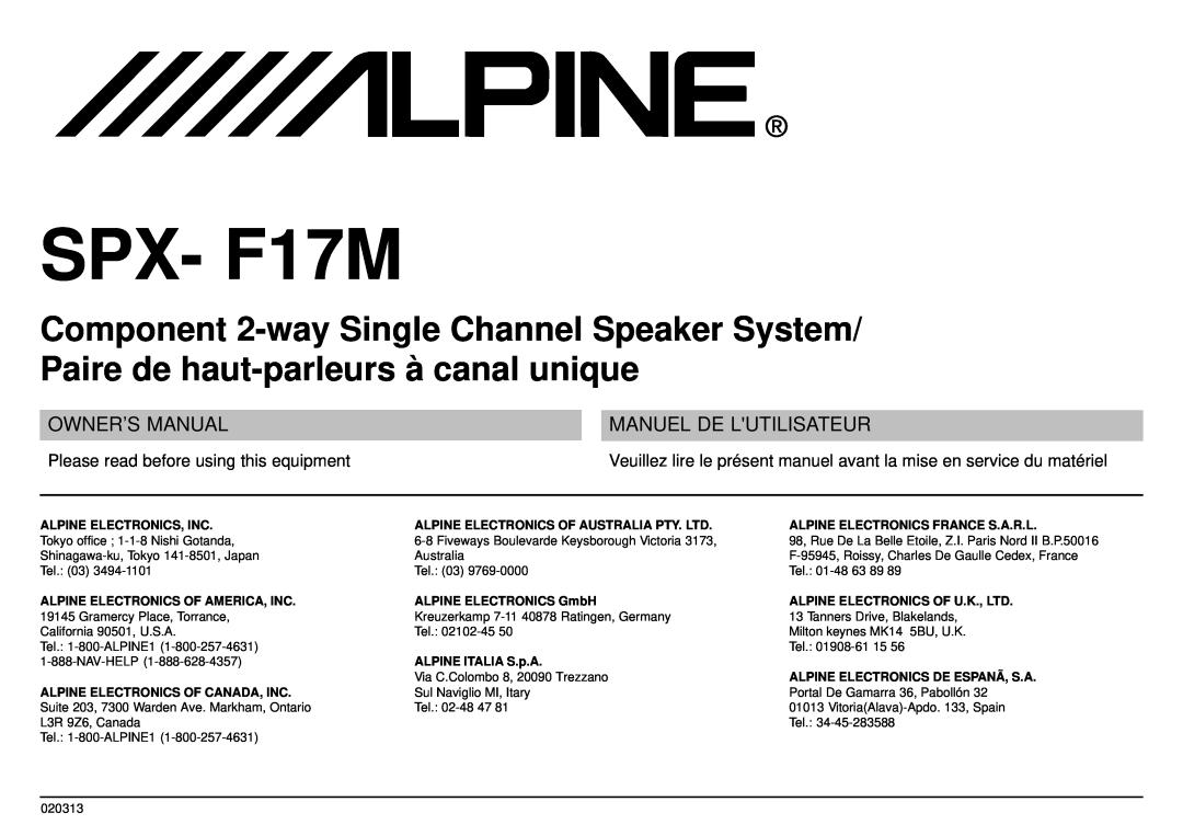 Alpine SPX-F17M owner manual Please read before using this equipment, SPX- F17M, Manuel De Lutilisateur 